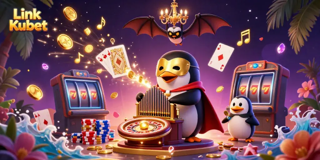 Experience the excitement of Link Kubet with a dynamic scene of a penguin organist and casino elements.