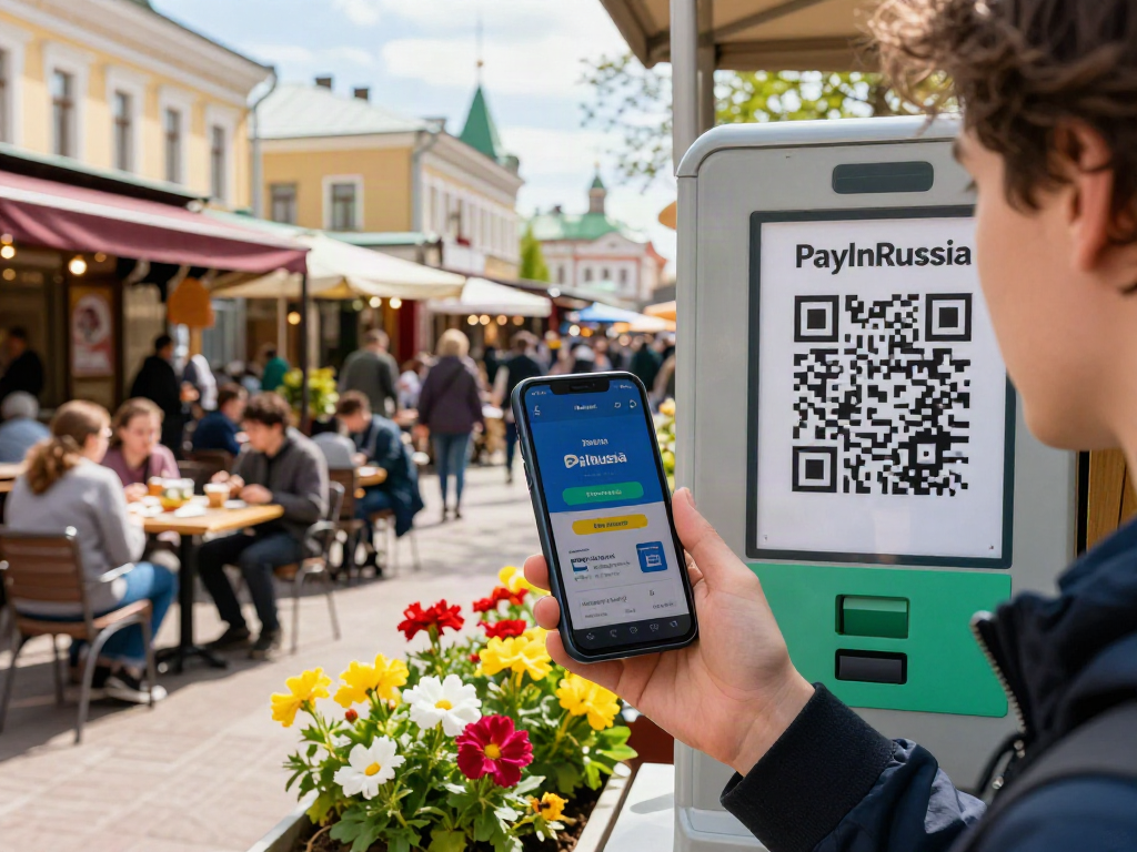 Pengembara menggunakan aplikasi https://payinrussia.com/ untuk pembayaran di pasaran tempatan, dikelilingi oleh seni bina sejarah.