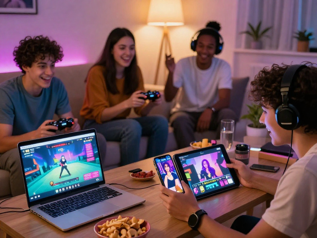 Engaging young adults playing a porno game together, showcasing diverse gaming devices in a cozy living room.