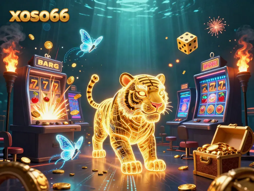 Experience xoso66 excitement with a vibrant digital casino landscape featuring a golden tiger and jackpot slot machine.