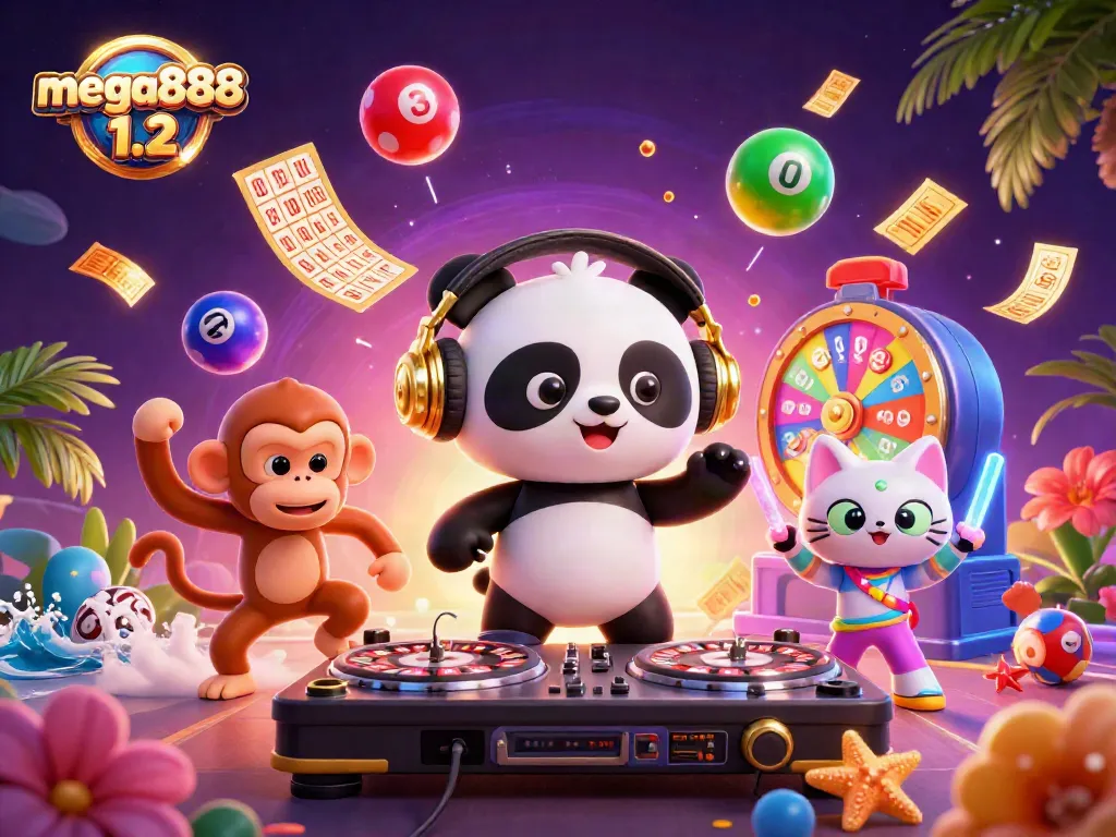 Experience thrilling gaming with mega888 1.2 featuring a playful DJ panda and vibrant casino elements.