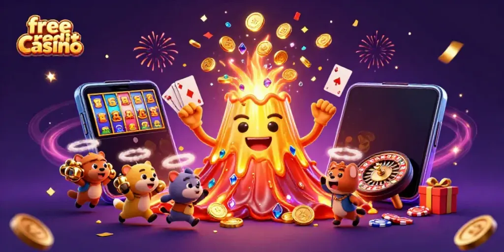 Experience the excitement of free credit casino rewards with a triumphant volcano erupting treasure and games.