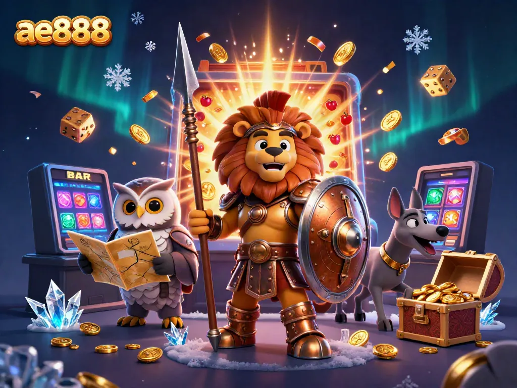 Experience the thrill of ae888 with a dynamic casino scene featuring lucky symbols, jackpots, and vibrant characters.