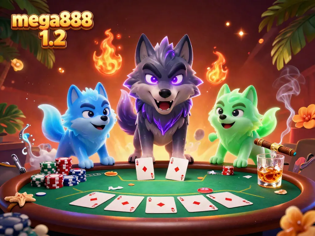 Engage with the mega888 1.2 experience featuring dynamic poker gameplay, vibrant wolf characters, and immersive design.