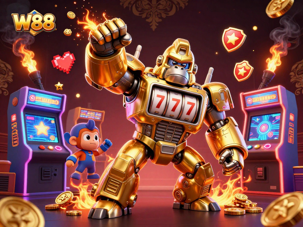Experience the excitement of W88 with a dynamic illustration of a golden gorilla mech in action.