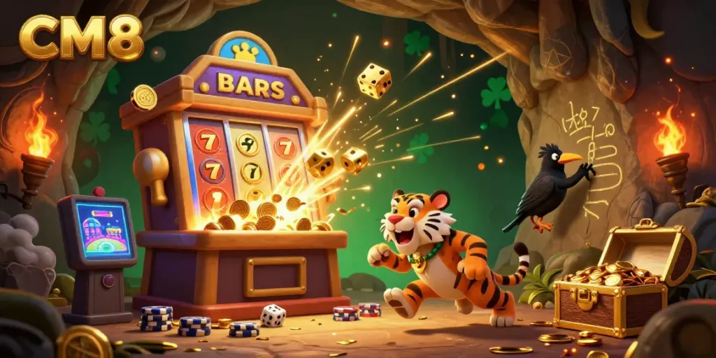 Engage in thrilling slots and games at CM8 with lively 3D cartoon characters in a vibrant casino setting.