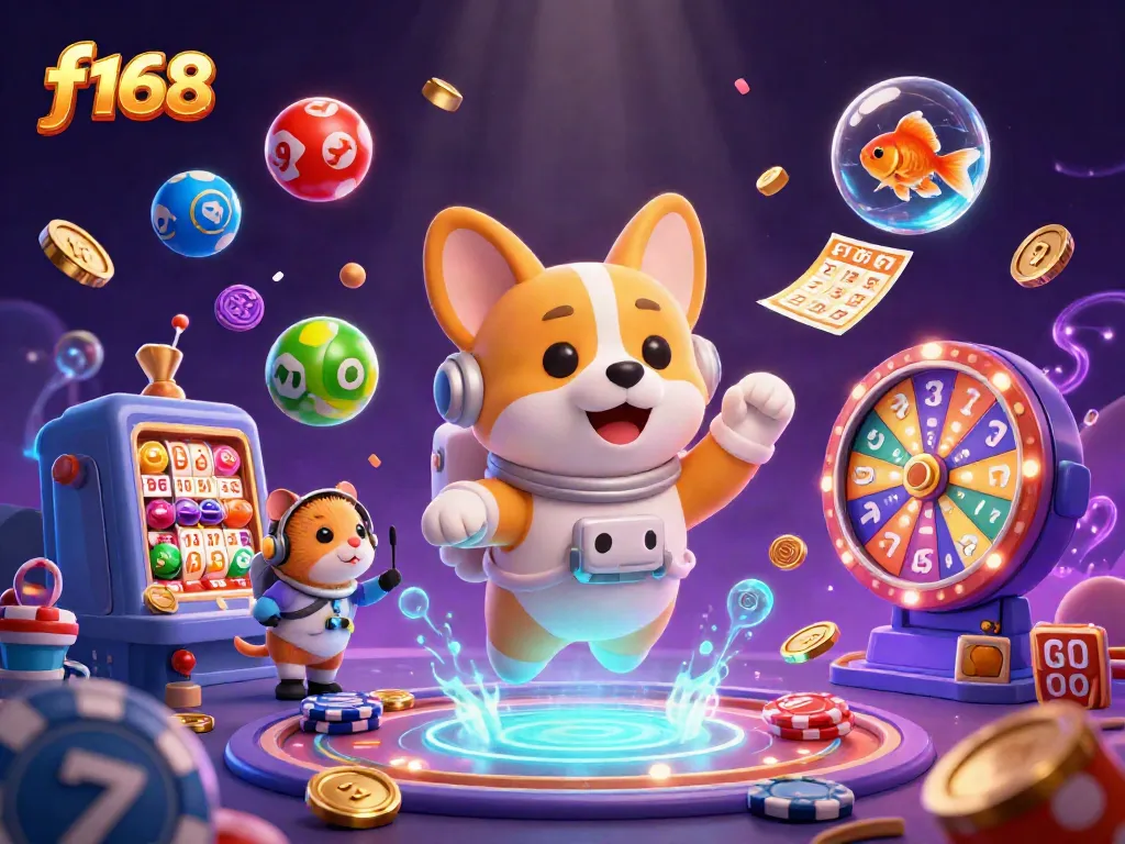 Engage with exciting f 168 casino themes featuring a lively astronaut corgi amidst floating lottery elements.