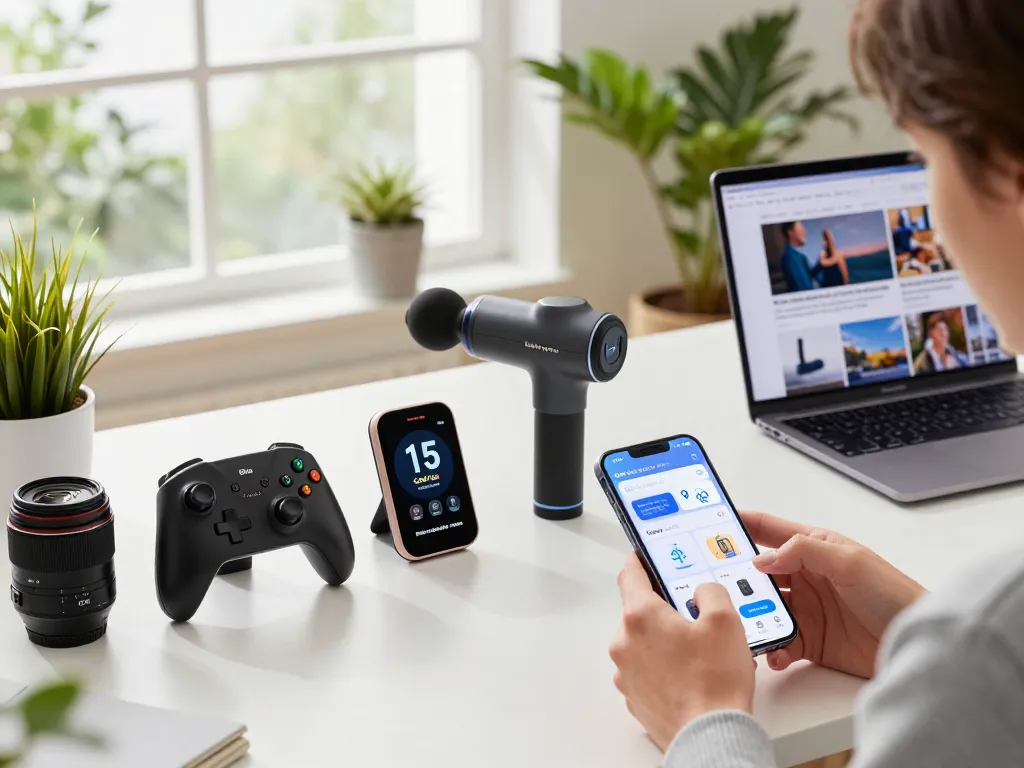 Explore the latest tech gadgets 2083 in a modern workspace scene featuring Bluetooth devices and applications.