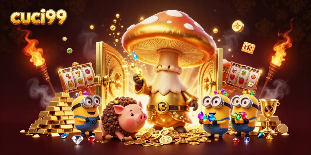 Experience the magic of cuci99 with a whimsical golden mushroom wizard and treasures in a vibrant casino world.