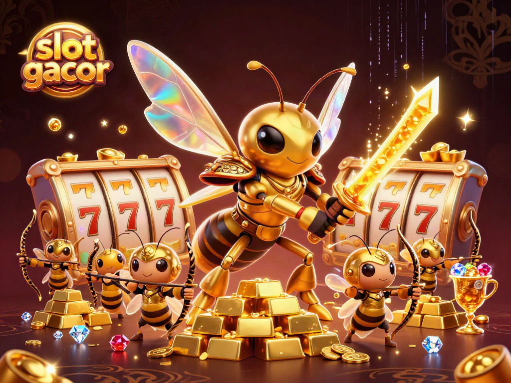 Explore slot gacor features with a dynamic 3D scene of golden hornets and vibrant casino elements.