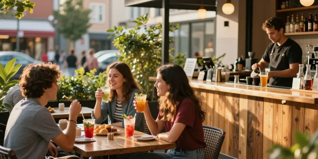 Social gathering at an outdoor café with drinks related to rokok 88 in a vibrant setting.