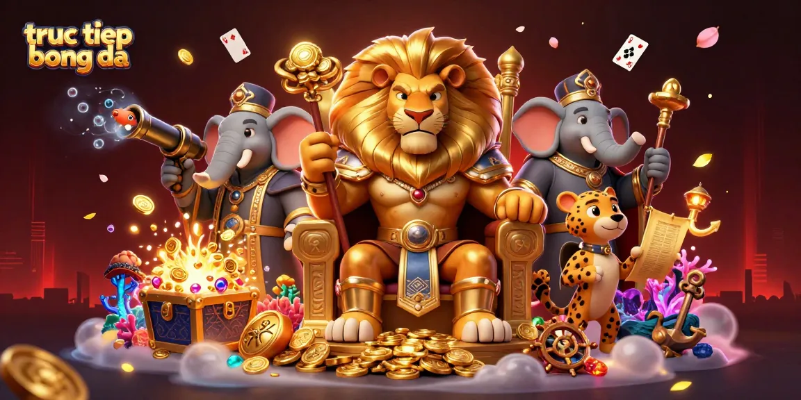 Experience truc tiep bong da with a vibrant scene of a lion king, elephant advisor, and cheetah messenger amidst rich gambling elements.