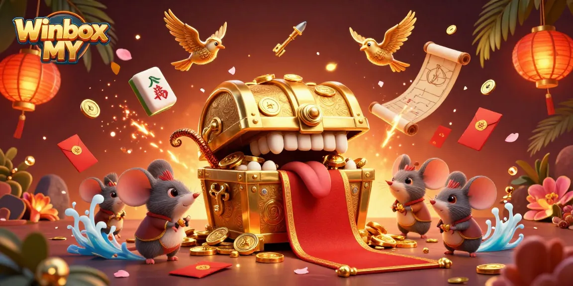 Experience thrilling gaming excitement with Winbox MY's vibrant 3D casino illustration featuring an adventurous treasure chest.