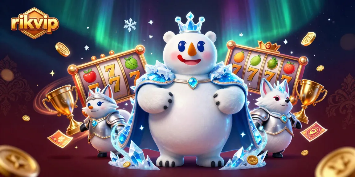 Engage with rikvip's exciting slot games, featuring vibrant reels, trophies, and dynamic action.