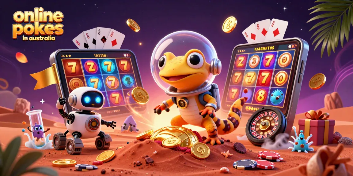 Experience the thrill of online pokies in australia with vibrant gaming elements in a 3D landscape.